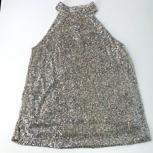 Christian Siriano Beige Silver Sequin Tank Top Medium-Large High Neck Tank Top M